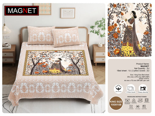 King Size Cotton Bedsheet 100x108 Inches with 2 Pillow Covers | Jaipuri Rajasthani Lady Print Bedsheet | Double Bed Cotton Bedsheet Under 1000
