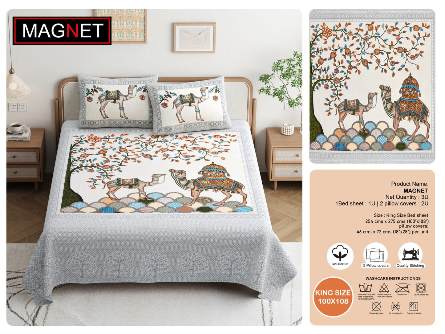 King Size Cotton Bedsheet 100x108 with 2 Pillow Covers | Rajasthani Camel Print Bedsheet Double Bed | Jaipuri Traditional Designer Bedsheet