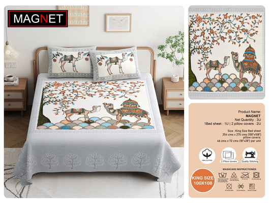 King Size Cotton Bedsheet 100x108 with 2 Pillow Covers | Rajasthani Camel Print Bedsheet Double Bed | Jaipuri Traditional Designer Bedsheet