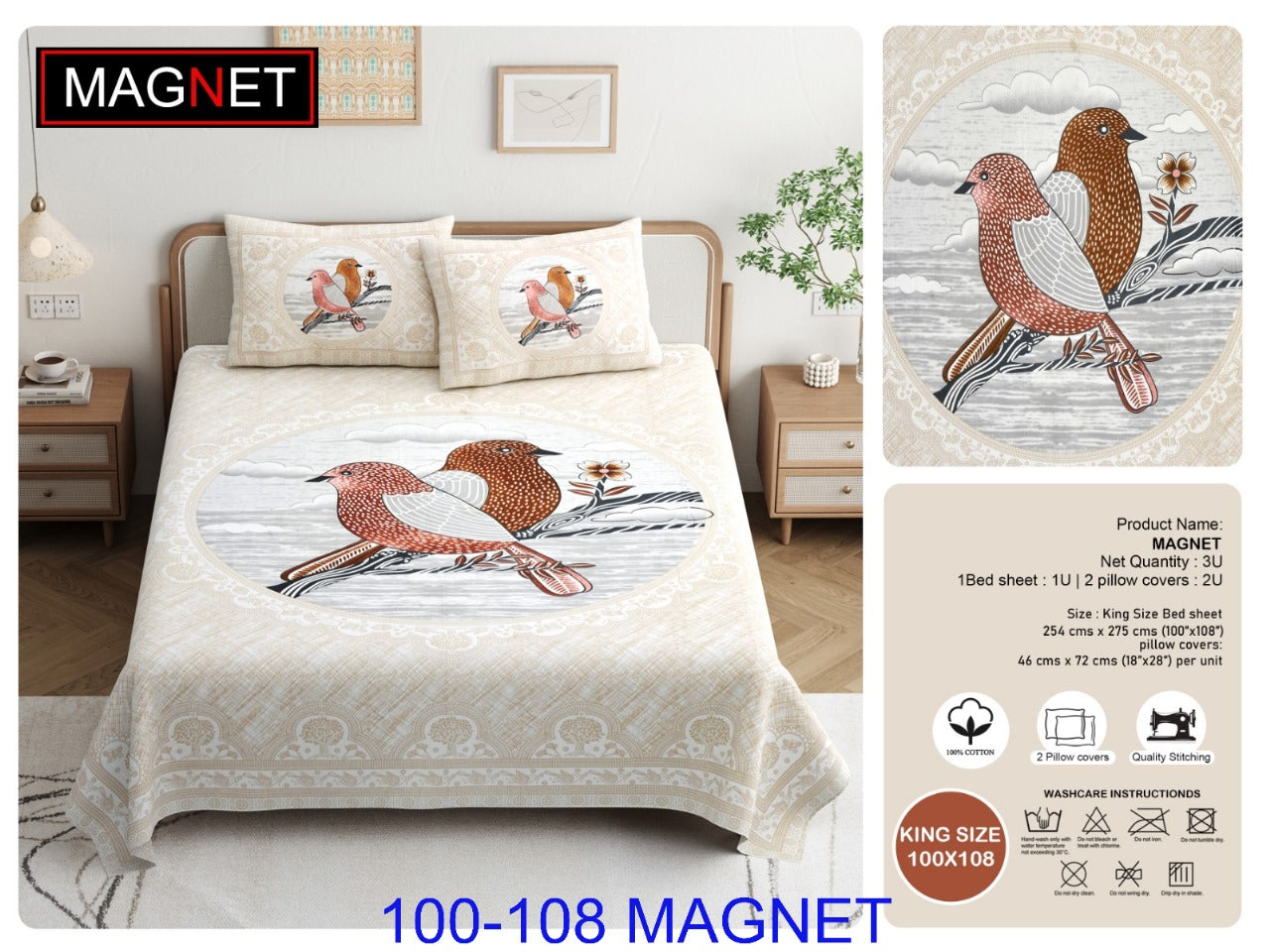 King Size Cotton Bedsheet 100x108 with 2 Pillow Covers | Bird Print Designer Bedsheet Double Bed | Premium Aesthetic Beige Bedsheet