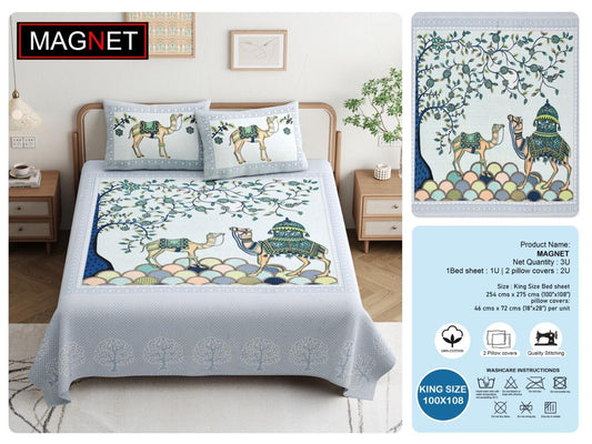 King Size Cotton Bedsheet 100x108 with 2 Pillow Covers | Rajasthani Camel Print Bedsheet Double Bed | Jaipuri Traditional Designer Bedsheet