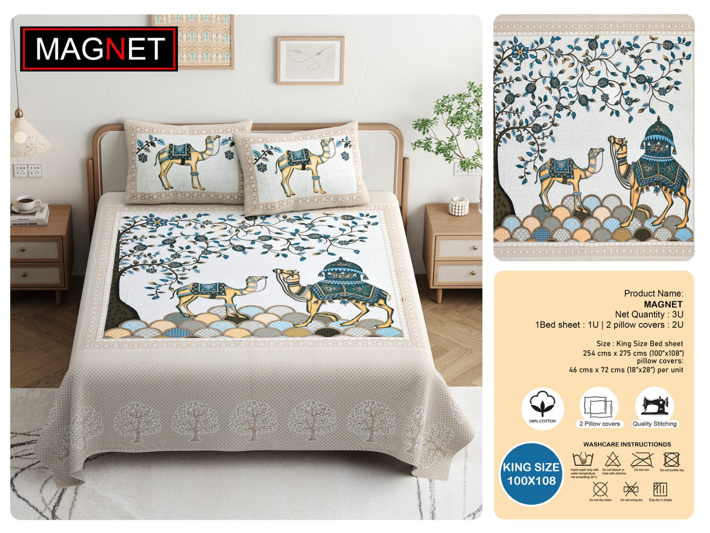 King Size Cotton Bedsheet 100x108 with 2 Pillow Covers | Rajasthani Camel Print Bedsheet Double Bed | Jaipuri Traditional Designer Bedsheet
