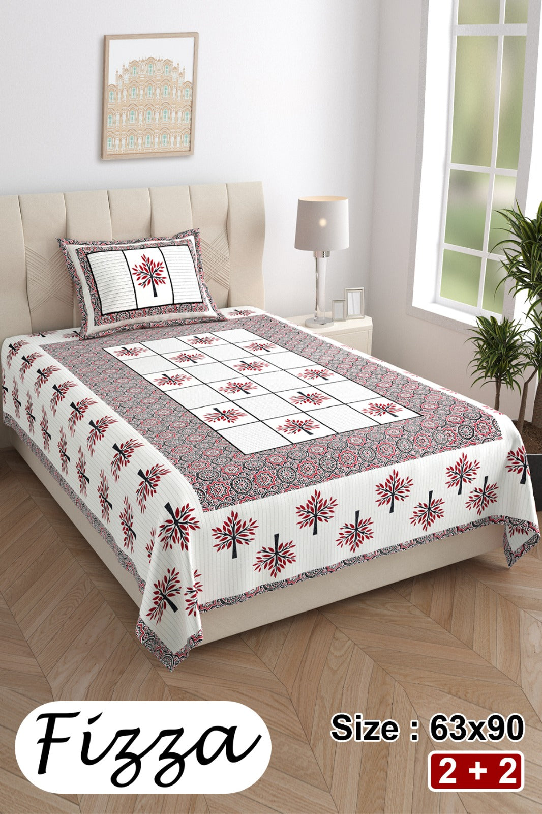 Single Bed Cotton Bedsheet 63x90 with Pillow Cover | Fizza Tree Print Bedsheet | Soft Breathable Cotton Single Bedsheet