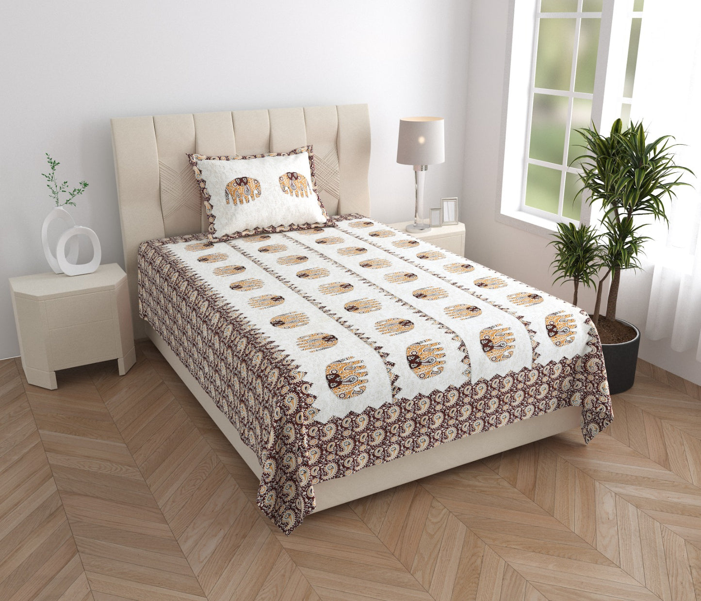 Single Bed Cotton Bedsheet 63x90 with Pillow Cover | Elephant Print Cotton Bedsheet | Soft Breathable Single Bedsheet