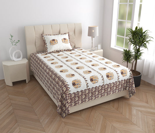 Single Bed Cotton Bedsheet 63x90 with Pillow Cover | Elephant Print Cotton Bedsheet | Soft Breathable Single Bedsheet