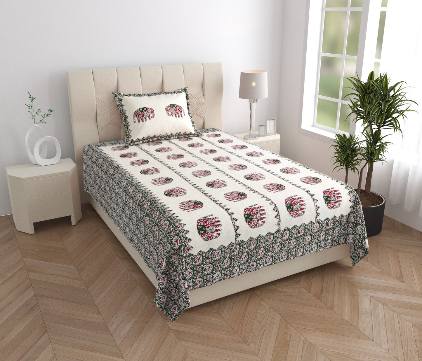 Single Bed Cotton Bedsheet 63x90 with Pillow Cover | Elephant Print Cotton Bedsheet | Soft Breathable Single Bedsheet