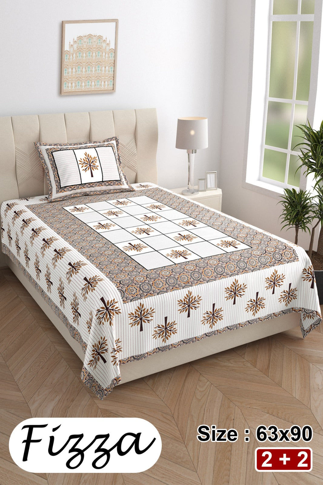 Single Bed Cotton Bedsheet 63x90 with Pillow Cover | Fizza Tree Print Bedsheet | Soft Breathable Cotton Single Bedsheet