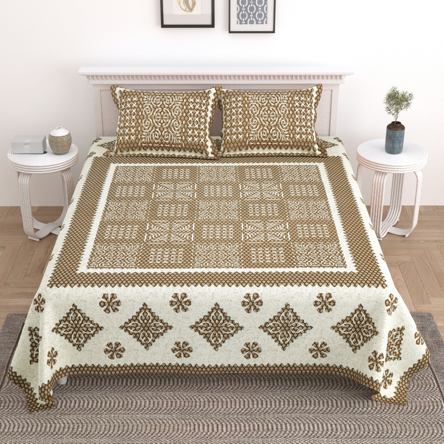 King Size Cotton Bedsheet 108x108 with 2 Pillow Covers | Traditional Jaal Block Print Bedsheet Double Bed | Ethnic Designer Bedsheet