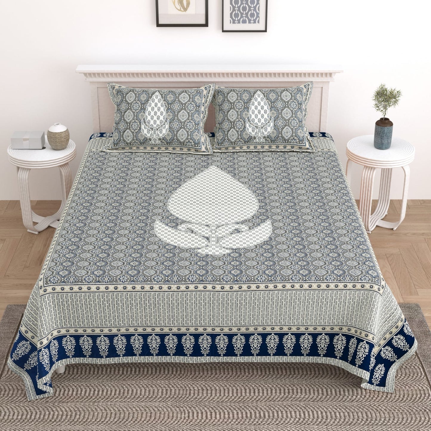King Size Cotton Bedsheet 108x108 with 2 Pillow Covers | Mughal Buta Print Bedsheet Double Bed | Ethnic Designer Bedsheet