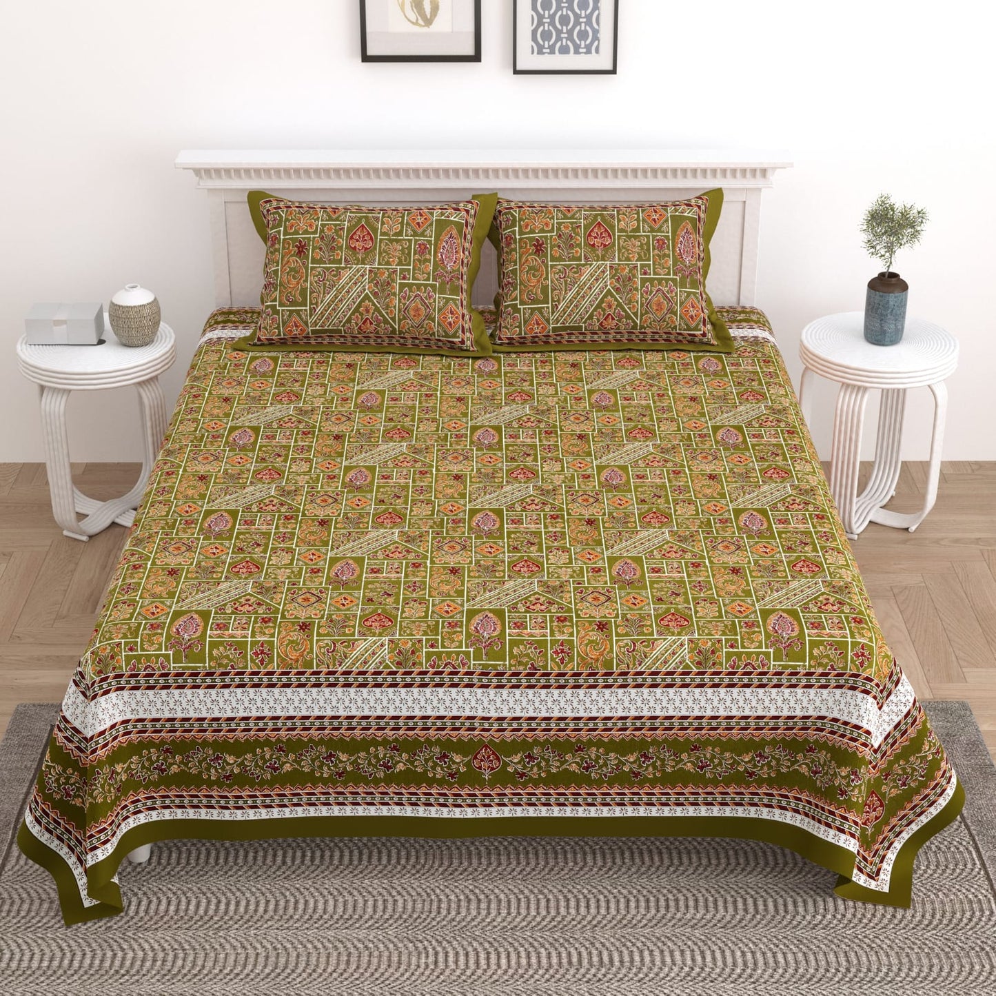 King Size Cotton Bedsheet 108x108 with 2 Pillow Covers | Jaipuri Patchwork Print Bedsheet Double Bed | Ethnic Batik Style Designer Bedsheet