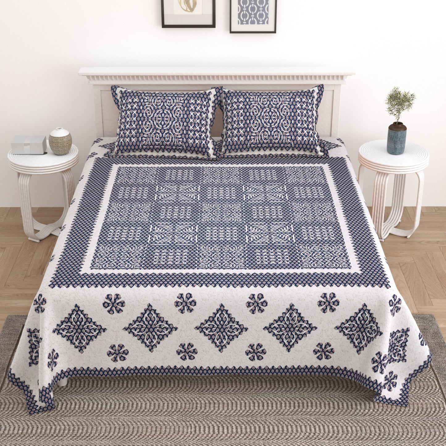 King Size Cotton Bedsheet 108x108 with 2 Pillow Covers | Traditional Jaal Block Print Bedsheet Double Bed | Ethnic Designer Bedsheet