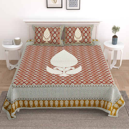 King Size Cotton Bedsheet 108x108 with 2 Pillow Covers | Mughal Buta Print Bedsheet Double Bed | Ethnic Designer Bedsheet