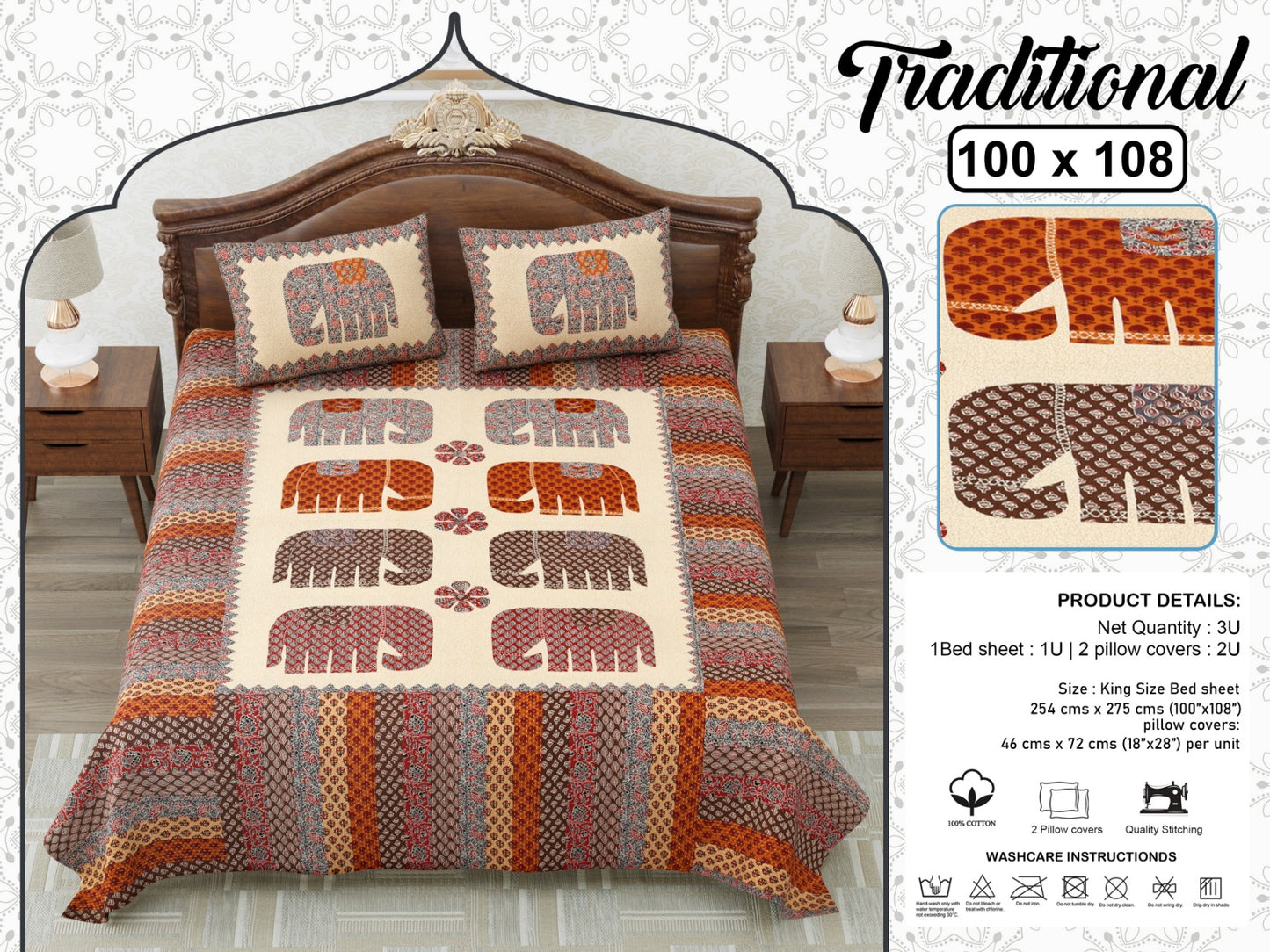 Jaipuri Elephant Print King Size Cotton Bedsheet (100×108 Inch) – Ethnic Heritage Design with 2 Pillow Covers