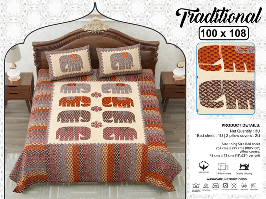 Jaipuri Elephant Print King Size Cotton Bedsheet (100×108 Inch) – Ethnic Heritage Design with 2 Pillow Covers