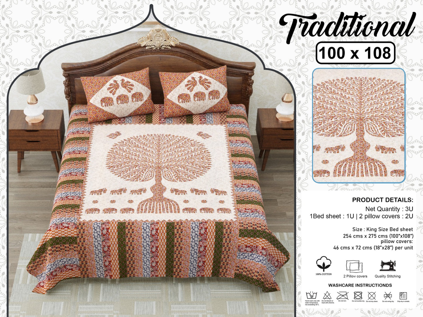 Jaipuri Tree of Life King Size Cotton Bedsheet (100×108 Inch) – Traditional Heritage Print with 2 Pillow Covers