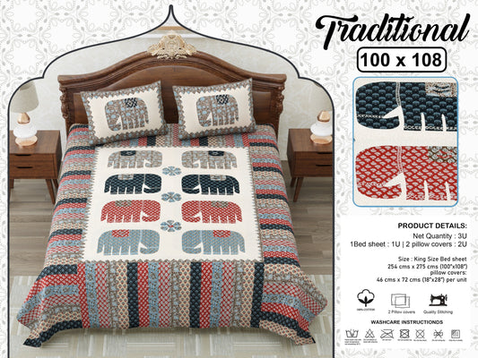 Jaipuri Elephant Print King Size Cotton Bedsheet (100×108 Inch) – Ethnic Heritage Design with 2 Pillow Covers