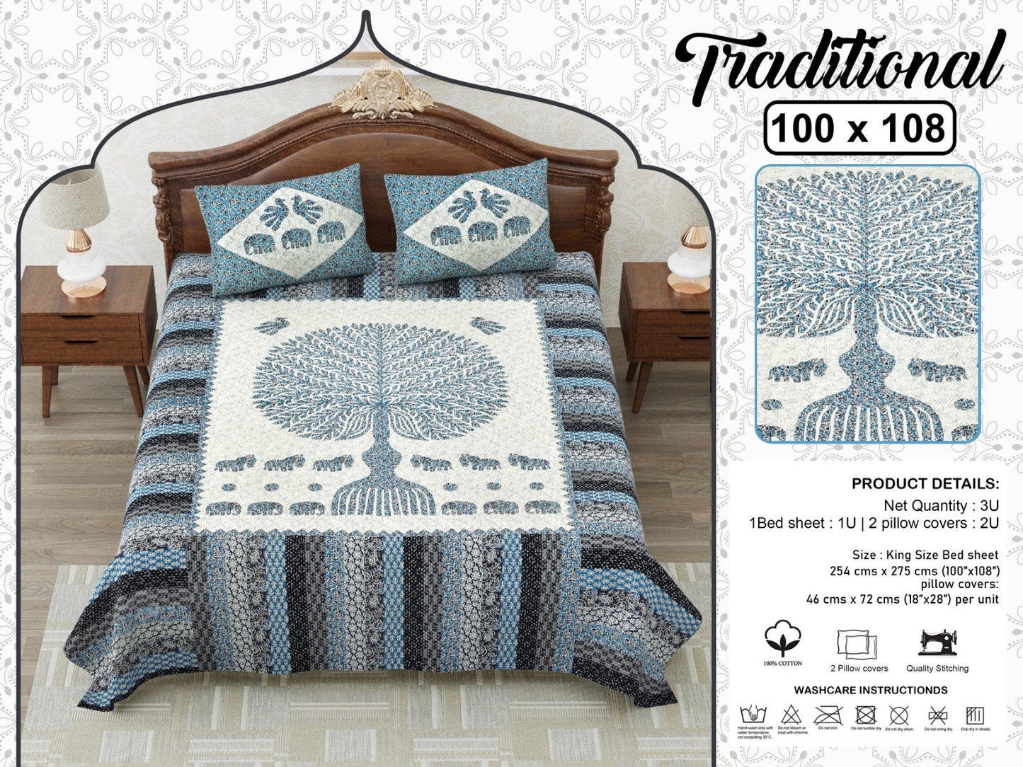 Jaipuri Tree of Life King Size Cotton Bedsheet (100×108 Inch) – Traditional Heritage Print with 2 Pillow Covers