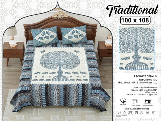 Jaipuri Tree of Life King Size Cotton Bedsheet (100×108 Inch) – Traditional Heritage Print with 2 Pillow Covers