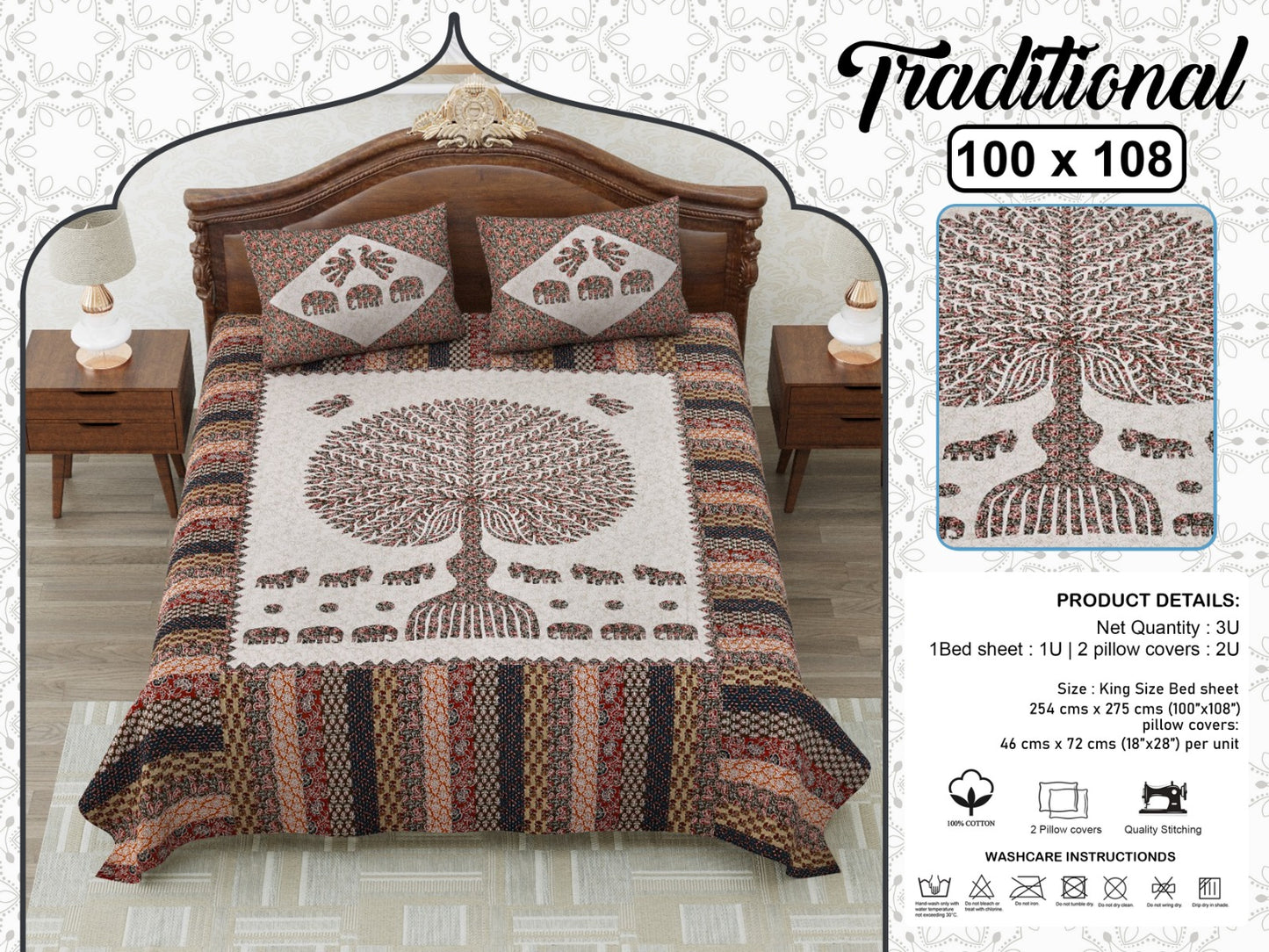 Jaipuri Tree of Life King Size Cotton Bedsheet (100×108 Inch) – Traditional Heritage Print with 2 Pillow Covers