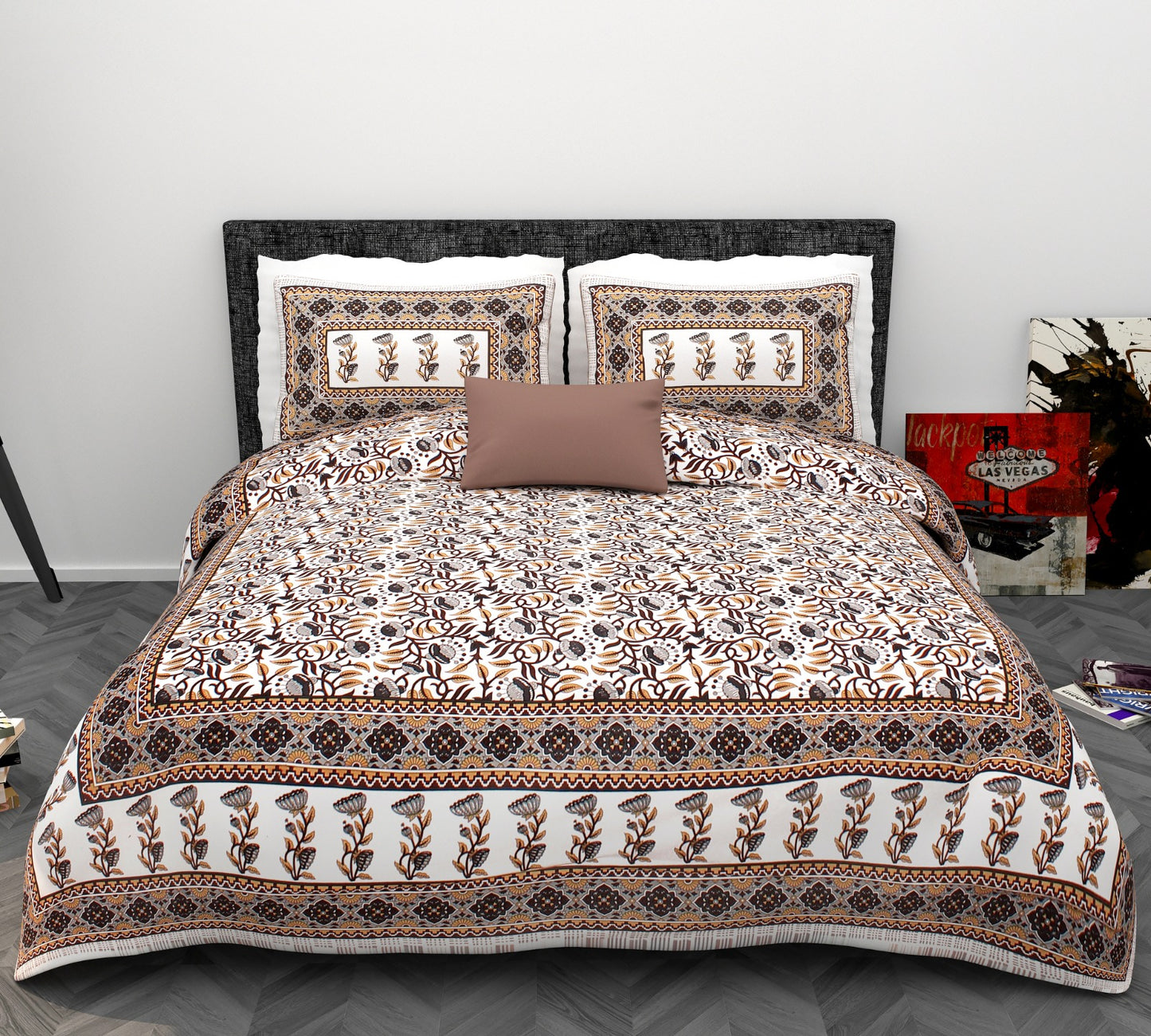Phulkari Floral Vine King Size Cotton Bedsheet (90×108 Inch) – Traditional Block Print Style with Border Design | 2 Pillow Covers Included