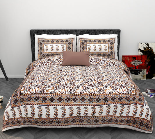 Phulkari Floral Vine King Size Cotton Bedsheet (90×108 Inch) – Traditional Block Print Style with Border Design | 2 Pillow Covers Included
