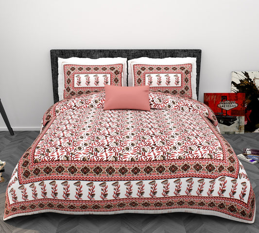 Phulkari Floral Vine King Size Cotton Bedsheet (90×108 Inch) – Traditional Block Print Style with Border Design | 2 Pillow Covers Included