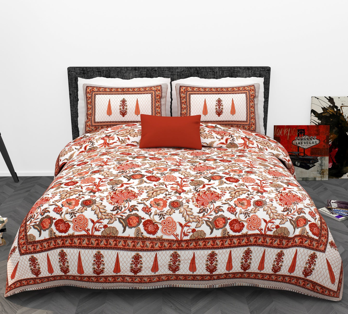Mughal Floral Cotton King Size Bedsheet Set (90x108 inch) with 2 Pillow Covers | Ornamental Border Print | Elegant Traditional Bedding