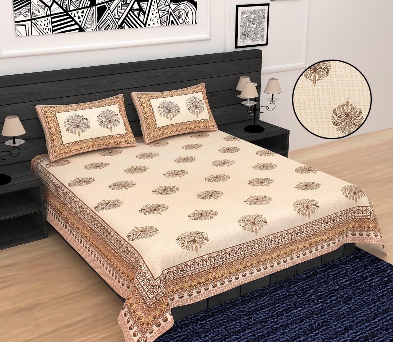 Phulkari Inspired Buta Print Cotton King Size Bedsheet Set (90x108 inch)