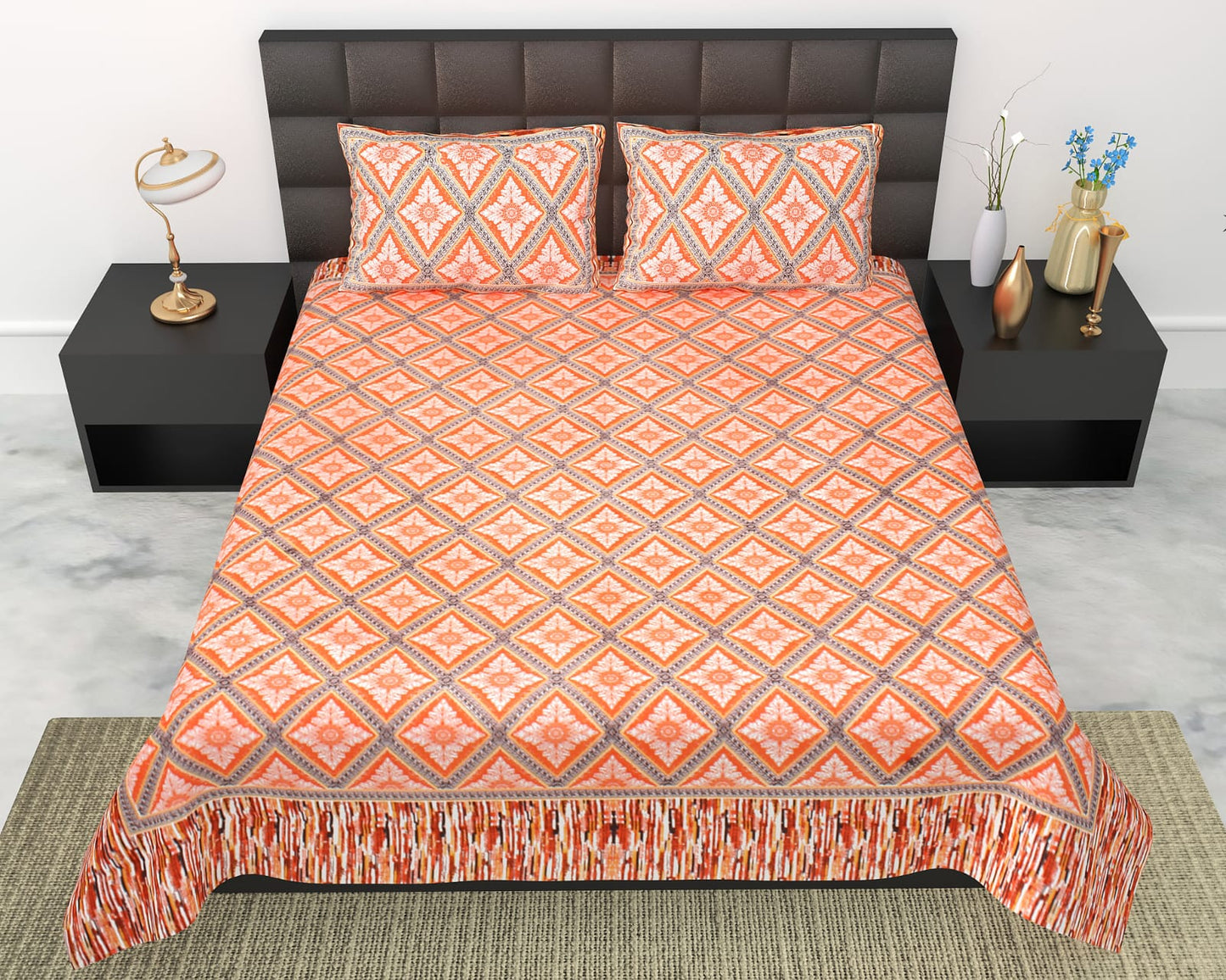 Geometric Diamond Print Cotton King Size Bedsheet Set (90x108 inch) with 2 Pillow Covers | Modern Repeating Pattern Bedding