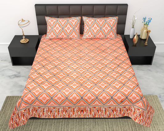 Geometric Diamond Print Cotton King Size Bedsheet Set (90x108 inch) with 2 Pillow Covers | Modern Repeating Pattern Bedding