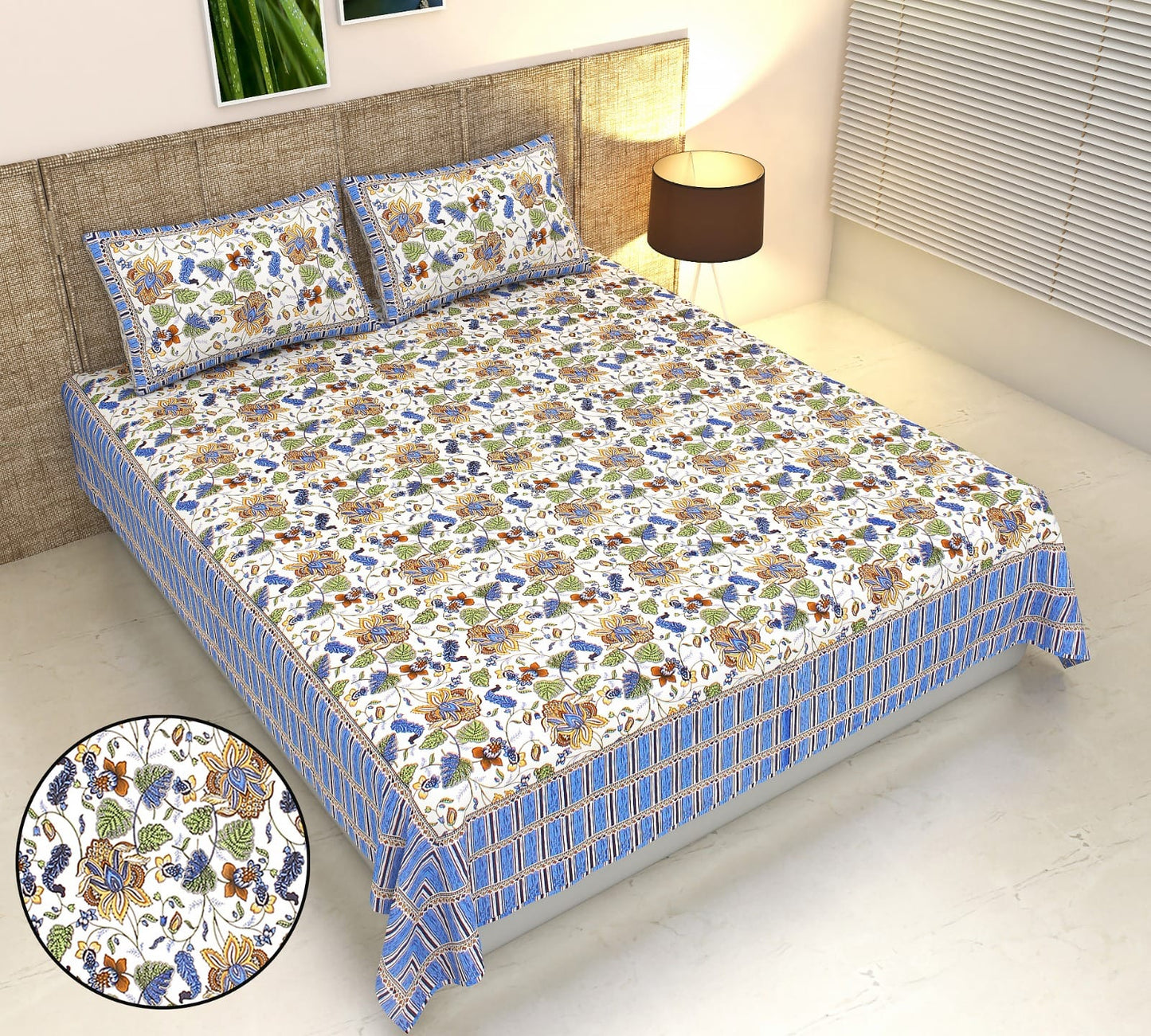 Phulkari Inspired Floral Print Cotton King Size Bedsheet Set (90x108 inch)