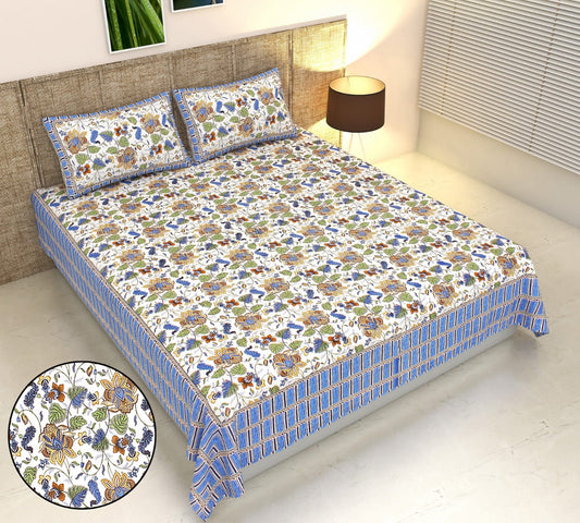Phulkari Inspired Floral Print Cotton King Size Bedsheet Set (90x108 inch)