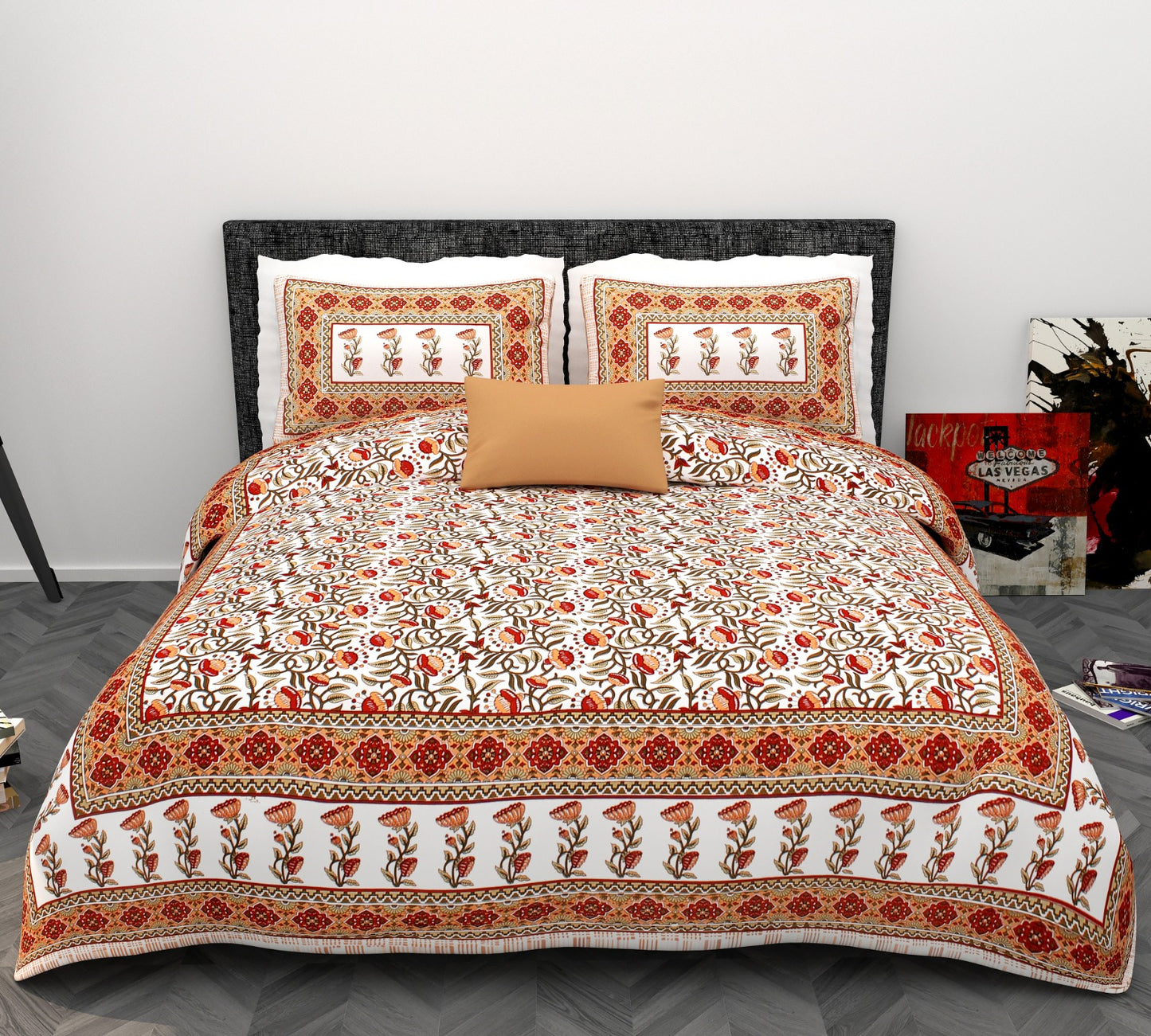Phulkari Floral Vine King Size Cotton Bedsheet (90×108 Inch) – Traditional Block Print Style with Border Design | 2 Pillow Covers Included