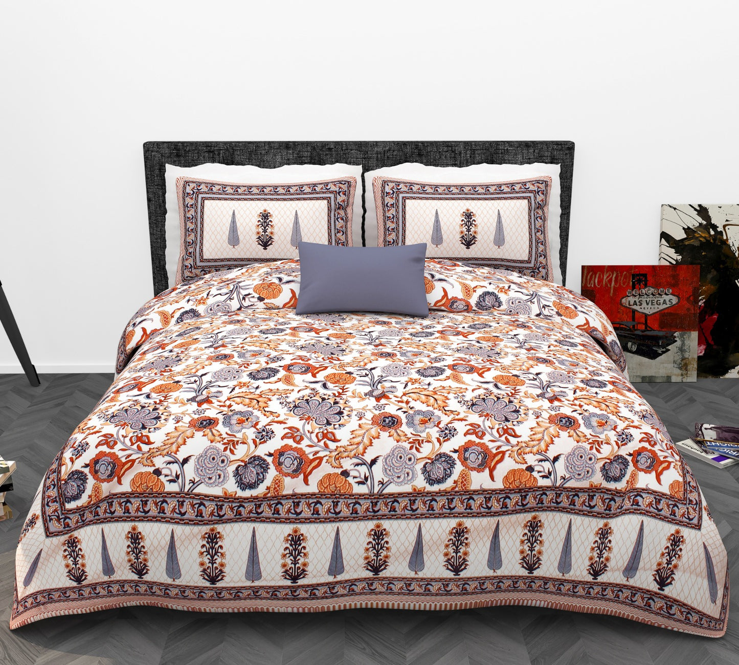 Mughal Floral Cotton King Size Bedsheet Set (90x108 inch) with 2 Pillow Covers | Ornamental Border Print | Elegant Traditional Bedding