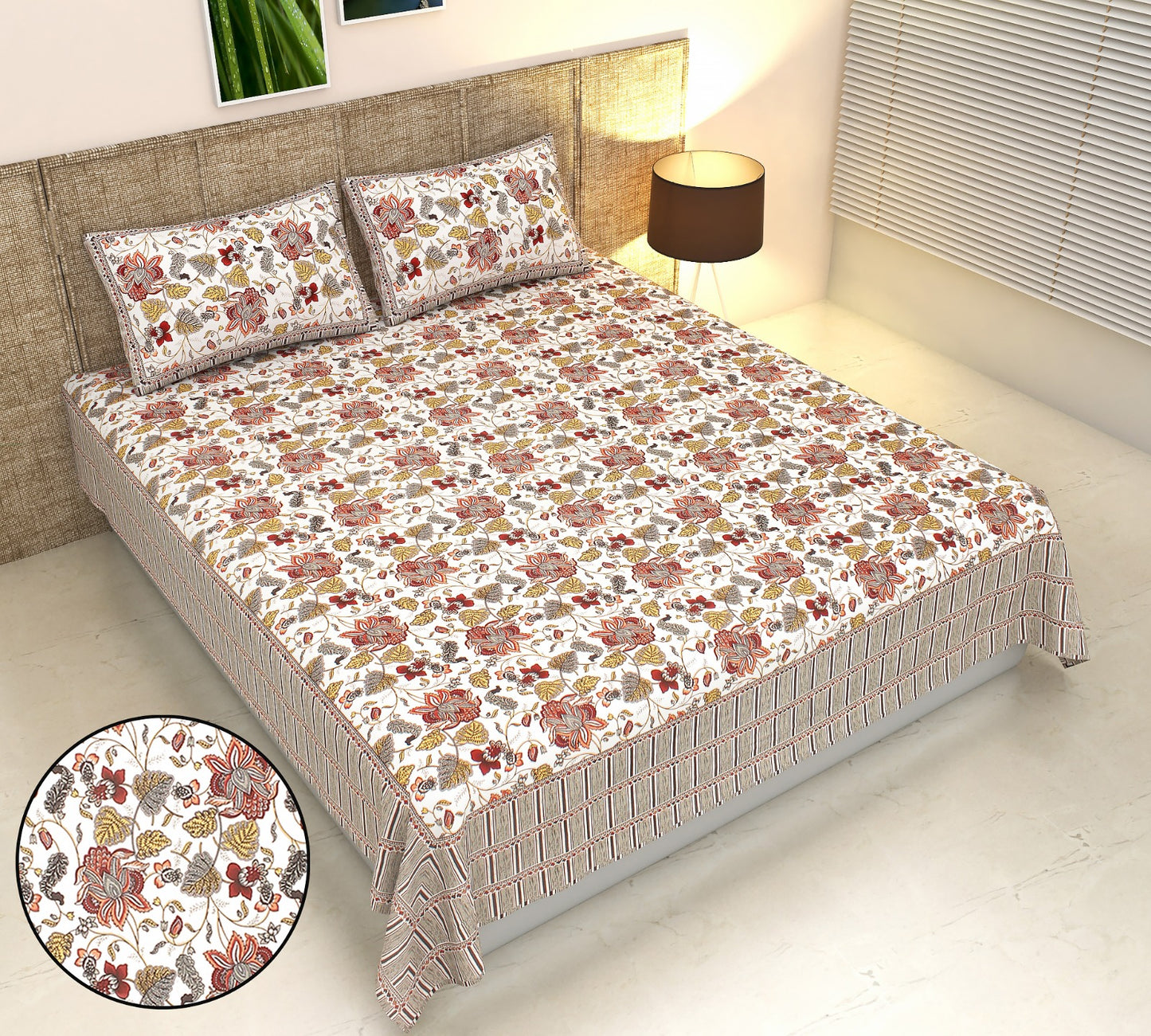 Phulkari Inspired Floral Print Cotton King Size Bedsheet Set (90x108 inch)