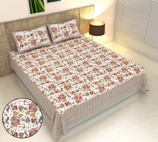 Phulkari Inspired Floral Print Cotton King Size Bedsheet Set (90x108 inch)
