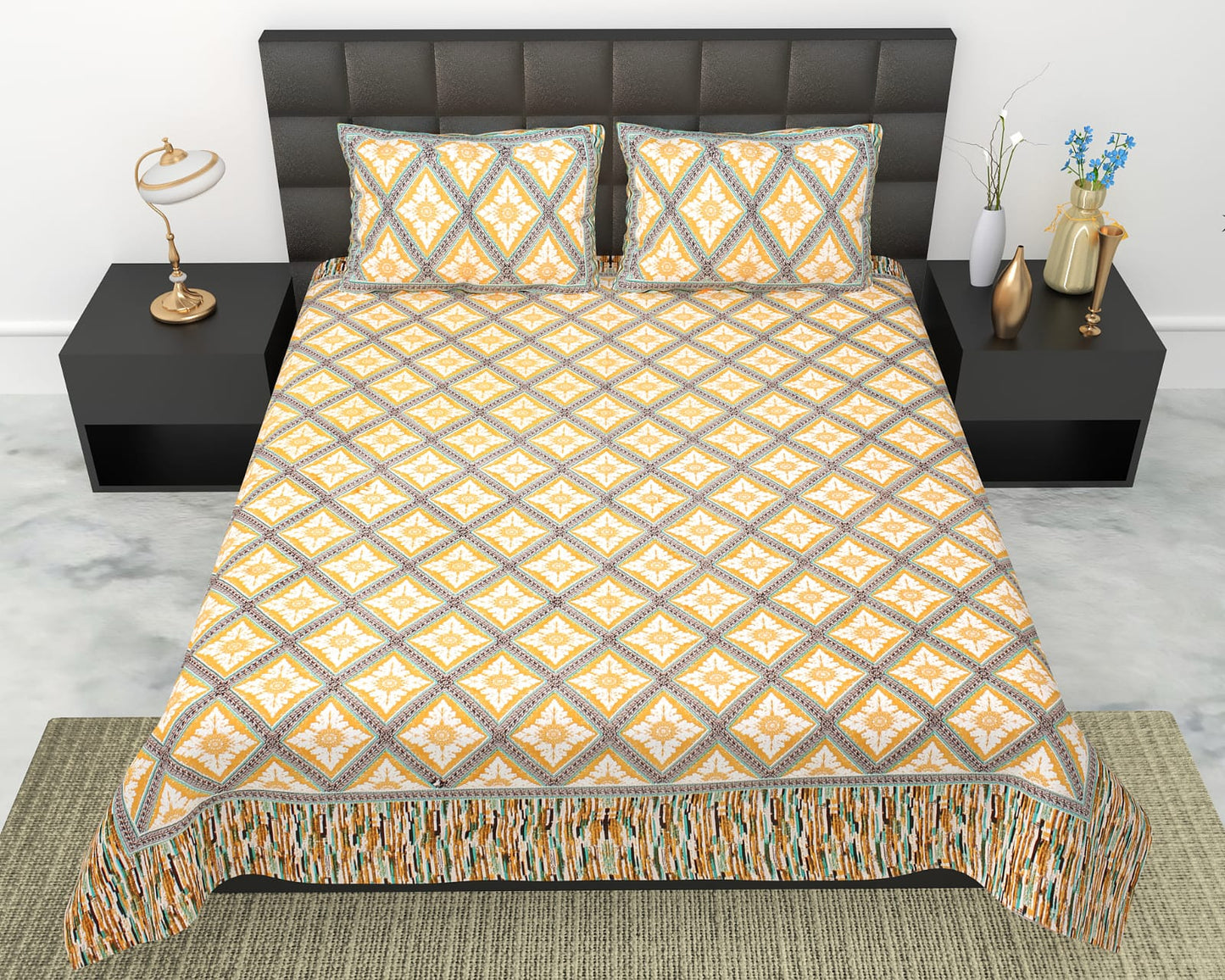Geometric Diamond Print Cotton King Size Bedsheet Set (90x108 inch) with 2 Pillow Covers | Modern Repeating Pattern Bedding