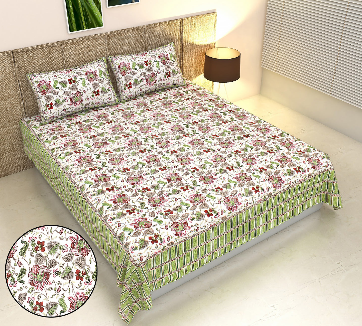 Phulkari Inspired Floral Print Cotton King Size Bedsheet Set (90x108 inch)
