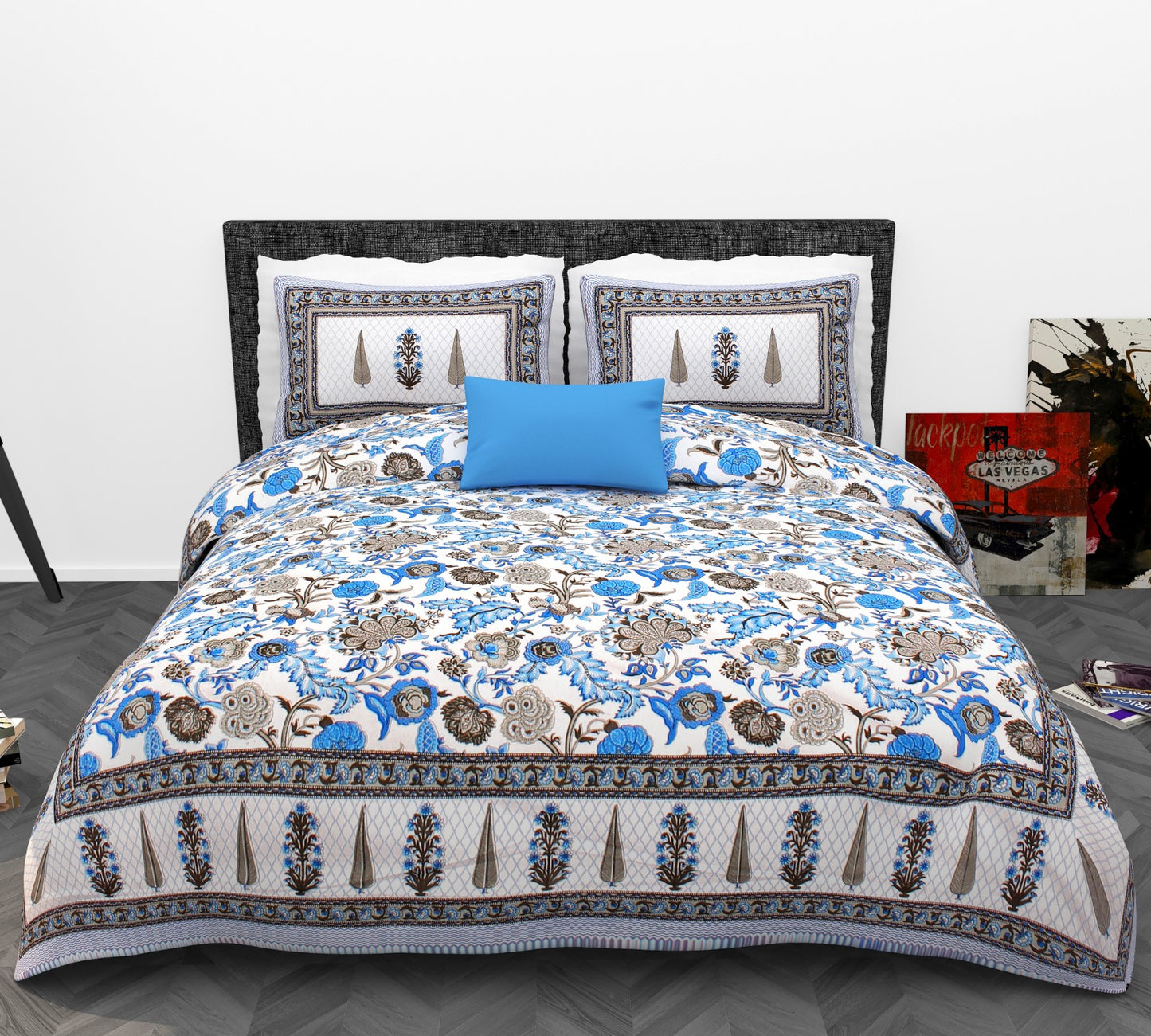 Mughal Floral Cotton King Size Bedsheet Set (90x108 inch) with 2 Pillow Covers | Ornamental Border Print | Elegant Traditional Bedding