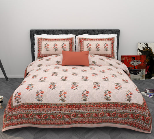 Phulkari Inspired Buta Print Cotton King Size Bedsheet Set (90x108 inch)