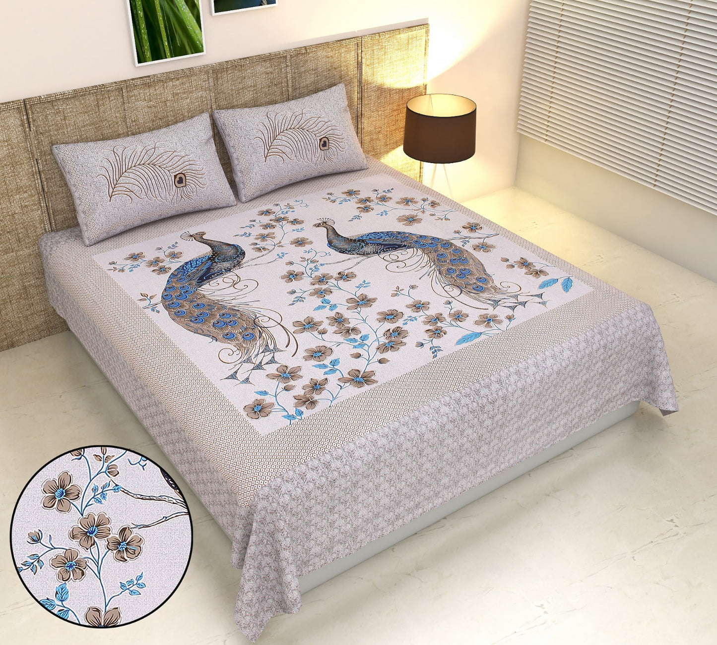 Peacock Floral Panel Print Cotton King Size Bedsheet Set (90x108 inch)