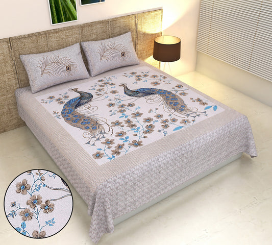 Peacock Floral Panel Print Cotton King Size Bedsheet Set (90x108 inch)