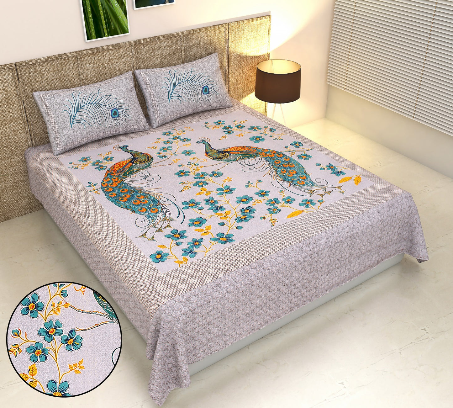 Peacock Floral Panel Print Cotton King Size Bedsheet Set (90x108 inch)