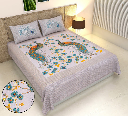 Peacock Floral Panel Print Cotton King Size Bedsheet Set (90x108 inch)