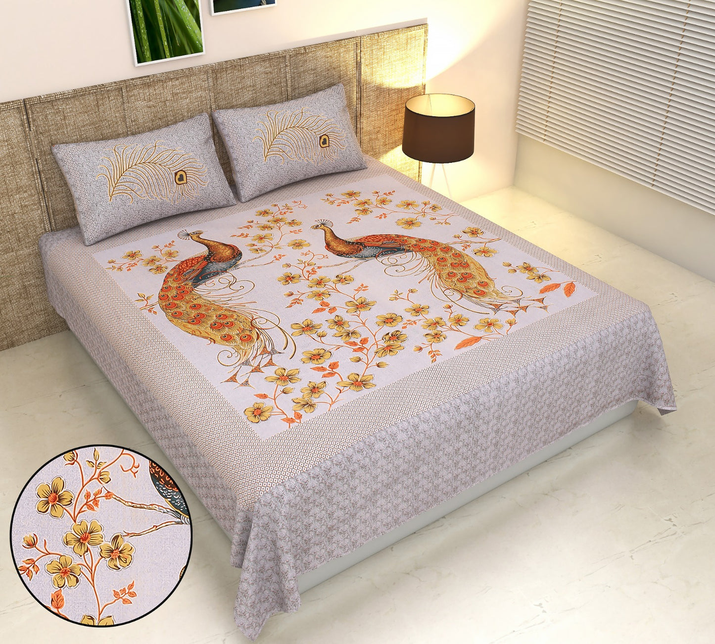 Peacock Floral Panel Print Cotton King Size Bedsheet Set (90x108 inch)