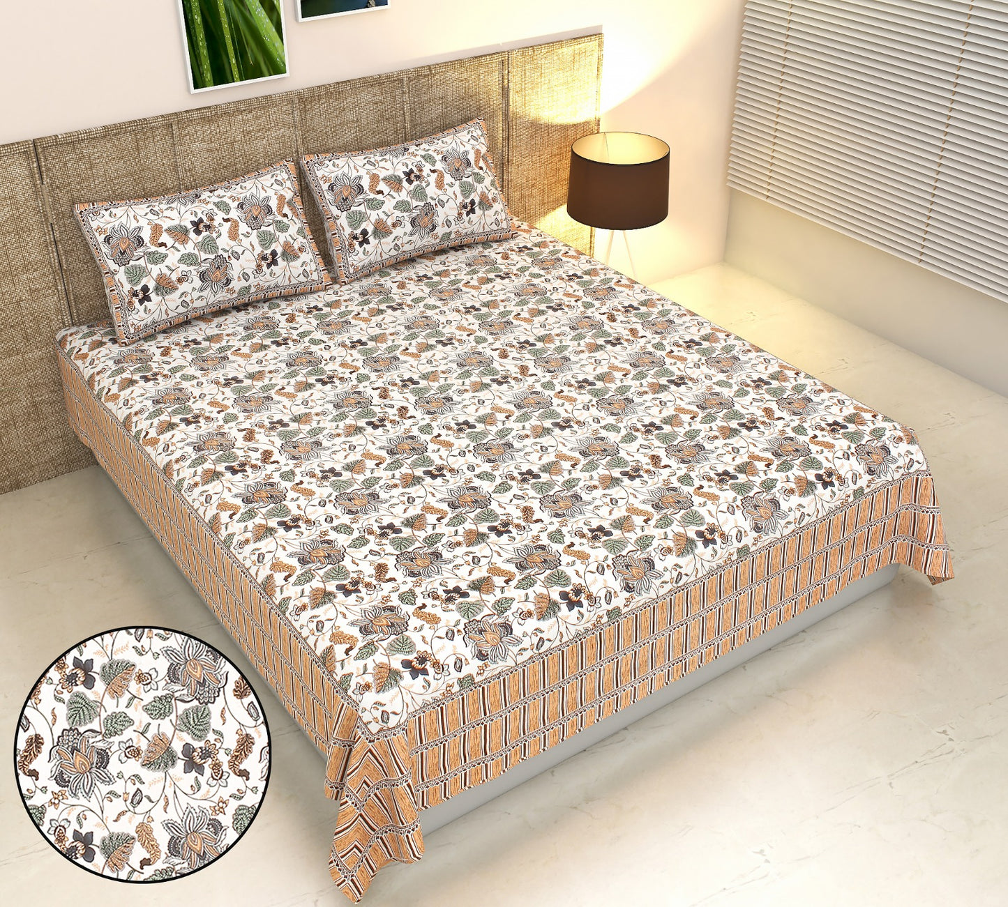 Phulkari Inspired Floral Print Cotton King Size Bedsheet Set (90x108 inch)