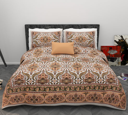 Ornamental Mughal Floral Print Cotton King Size Bedsheet Set (90x108 inch)