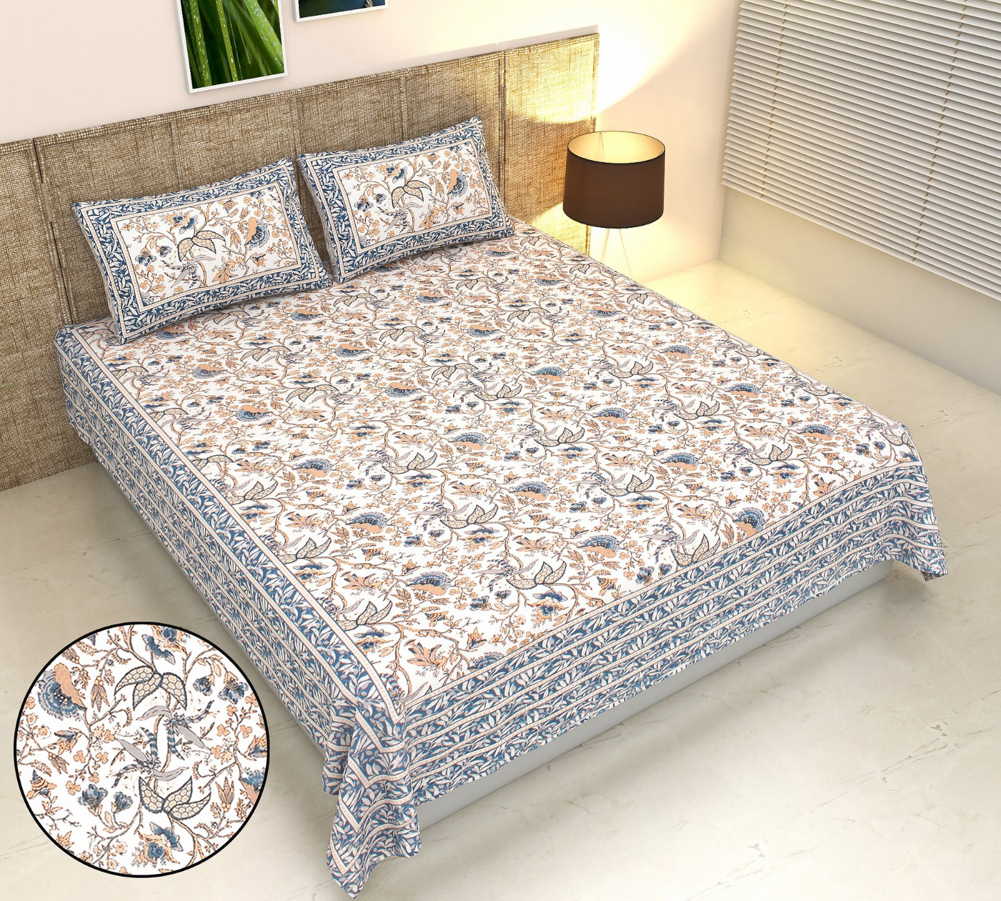 Phulkari Inspired Floral Print Cotton King Size Bedsheet Set (90x108 inch)