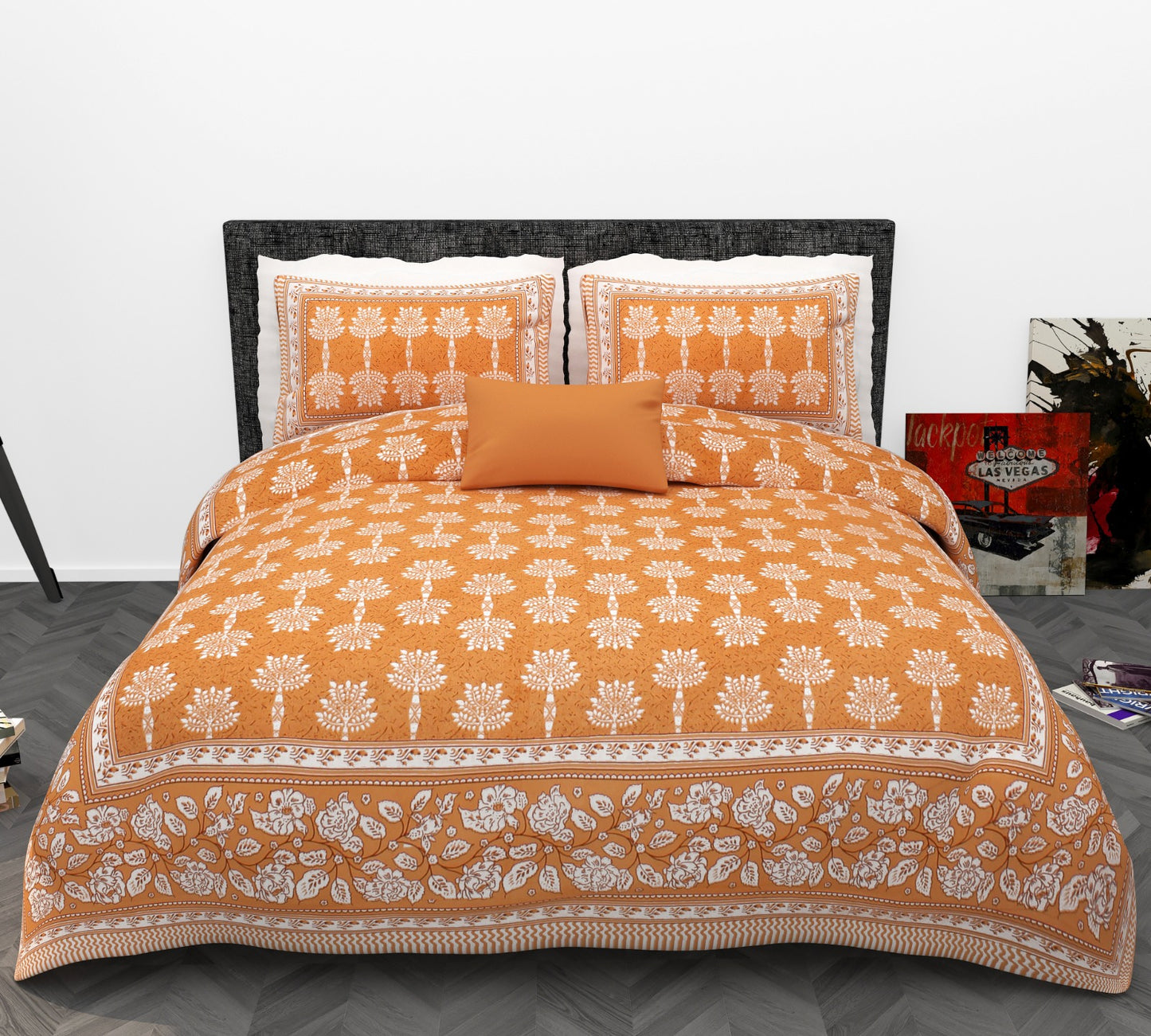 Phulkari Print Cotton King Size Bedsheet Set (90x108 inch) with 2 Pillow Covers | Soft Breathable Floral Buti Design | Everyday Luxury Bedding