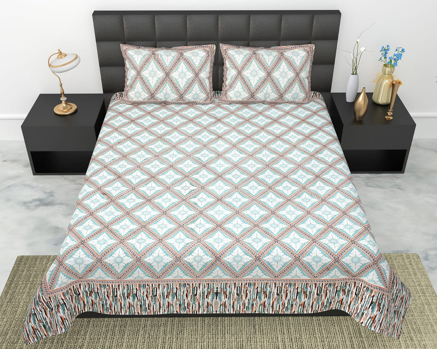 Geometric Diamond Print Cotton King Size Bedsheet Set (90x108 inch) with 2 Pillow Covers | Modern Repeating Pattern Bedding